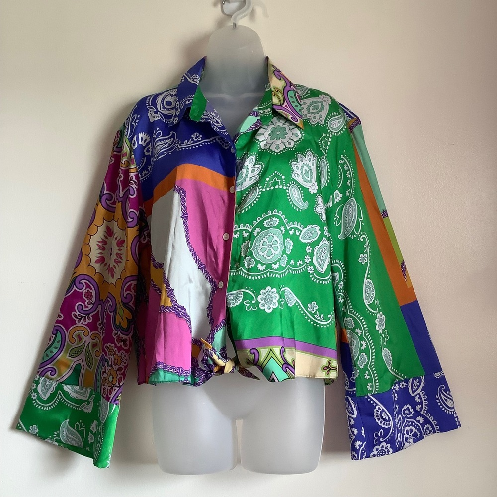 ZARA Womens Patchwork Scarf Print Satin Shirt Multi Color Paisley XL Crop Tie Fr - Picture 12 of 14